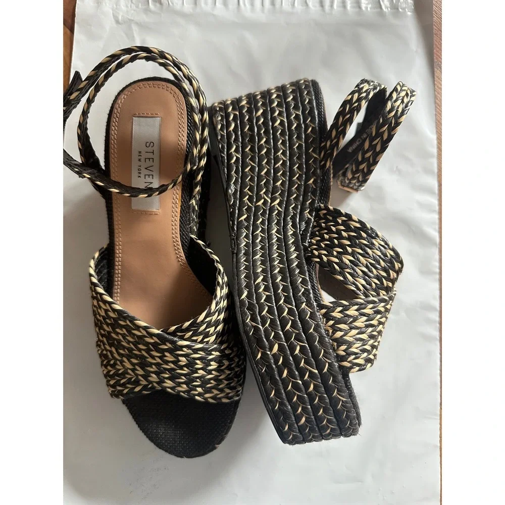 Steven New York Woven Espadrille Wedge Sandals Black Tan Ankle Strap Platform
